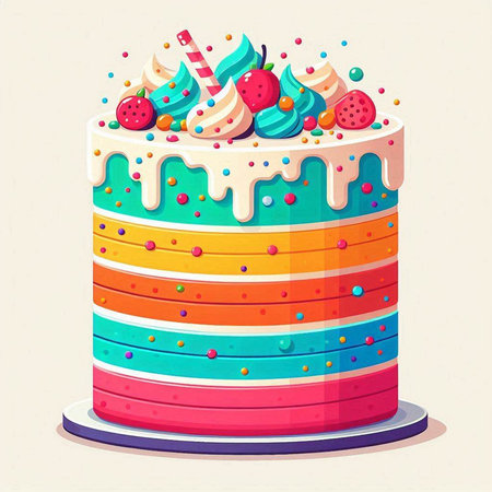 Colorful birthday cake with cream and candies, vector illustration.のイラスト素材