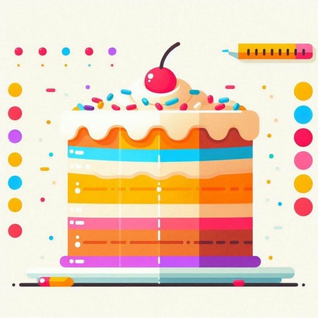 Colorful cake with cherry and colored pencils. Vector illustration.のイラスト素材