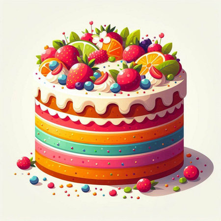 Birthday cake with fruits and berries isolated on white background. Vector illustration.のイラスト素材