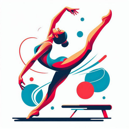 Young woman doing gymnastics on trampoline. Vector illustration.のイラスト素材