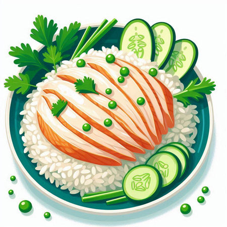 Illustration of a salmon with rice and cucumber on a white backgroundのイラスト素材