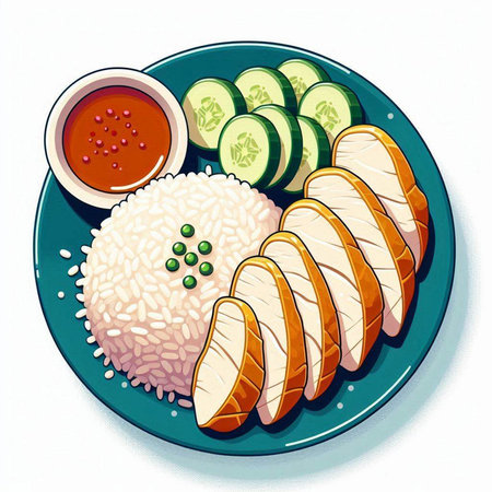 Illustration of a plate of rice with sliced cucumber and tomato sauceのイラスト素材