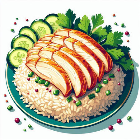 Illustration of a bowl of rice with grilled chicken and cucumberのイラスト素材