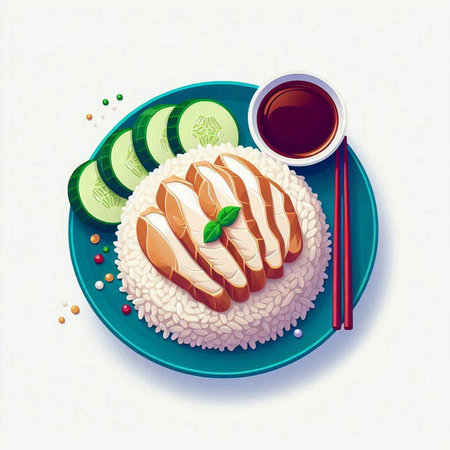 Rice with chicken and cucumber on white background. Vector illustration.のイラスト素材