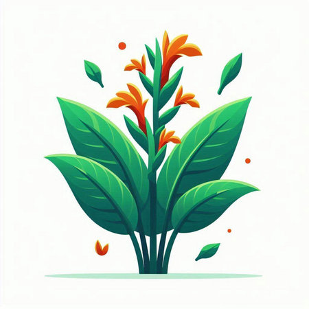 Vector illustration of a tropical plant with green leaves and orange flowers.のイラスト素材