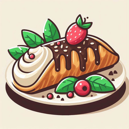 Illustration of a slice of cake with cream and berries on a plateのイラスト素材
