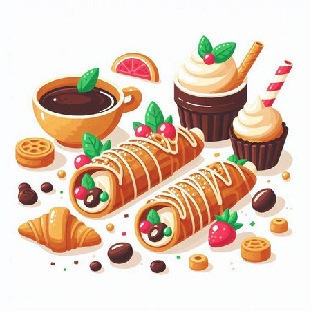 Coffee and cakes. Vector illustration in a flat style.のイラスト素材