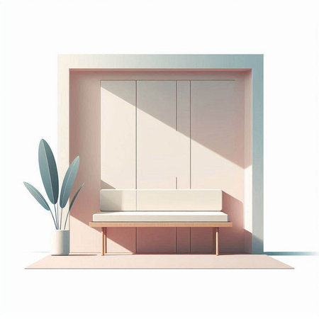 3d render of a bench in a room with a window.のイラスト素材