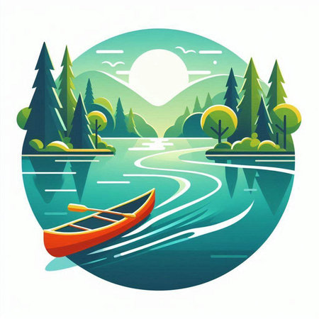 Fishing boat on the lake in the forest. Vector illustration.のイラスト素材