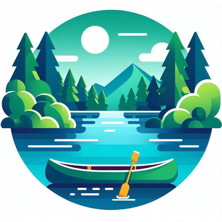 Vector illustration of a canoe on a lake with a forest and mountains in the backgroundのイラスト素材