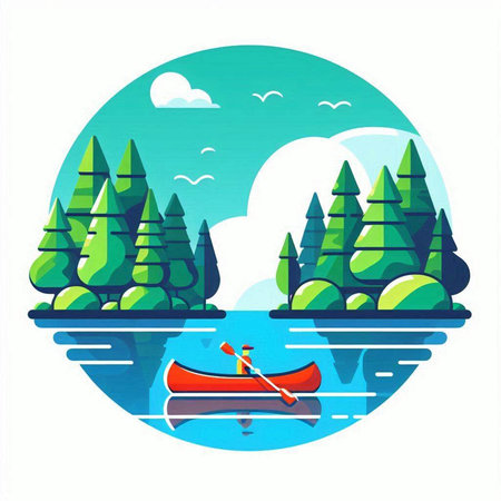 Rafting on the lake. Vector illustration in flat style.のイラスト素材