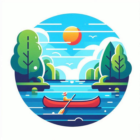 Kayak on the lake. Vector illustration in flat design style.のイラスト素材