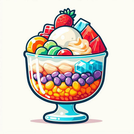 Vector illustration of a glass bowl with ice cream and candies.のイラスト素材