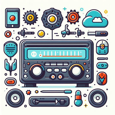 Vector illustration of retro radio, audio equipment. Flat line art design.のイラスト素材