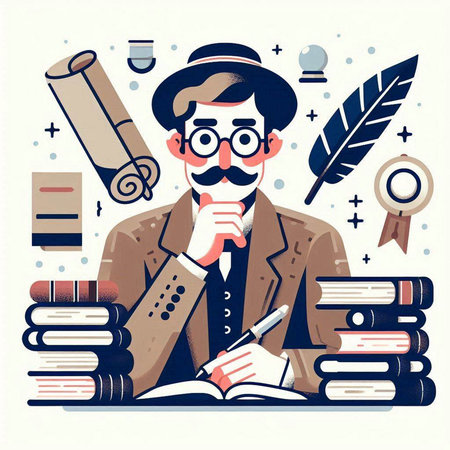 Vector illustration of a man in a hat and glasses sitting at the table with a lot of books and writing.のイラスト素材