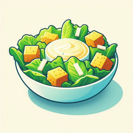 Illustration of a bowl of salad with lettuce, cheese and mayonnaiseのイラスト素材