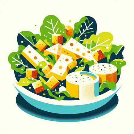Vector illustration of salad with cheese, lettuce and mozzarella in bowlのイラスト素材