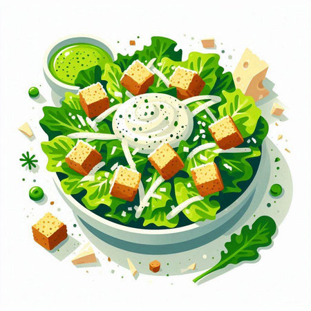 Salad with cheese and greens in a bowl. Vector illustration.のイラスト素材