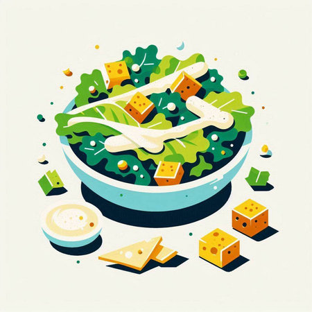Salad in a bowl with cheese and greens. Vector illustration.のイラスト素材
