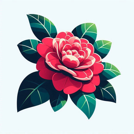 Illustration of a red camellia flower on a green backgroundのイラスト素材