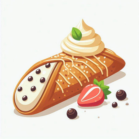 Vector illustration of a piece of cake with whipped cream and strawberries.のイラスト素材