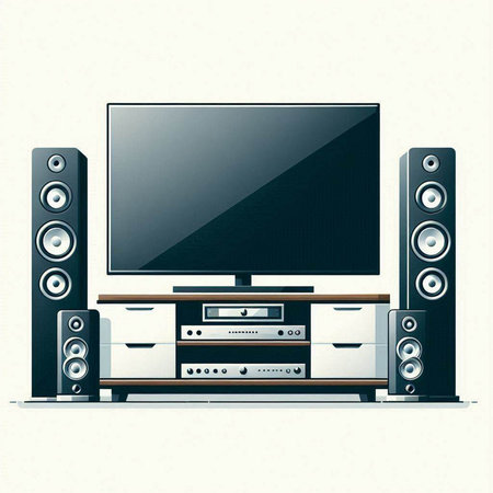 Home theater system with speakers and TV on white background. Vector illustration.のイラスト素材