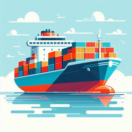 Cargo ship in the ocean. Vector illustration in flat style.のイラスト素材