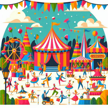 Circus vector background with people and tents. Illustration in flat styleのイラスト素材