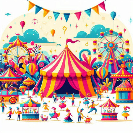Amusement park background with funfair and carnival tents. Vector illustrationのイラスト素材