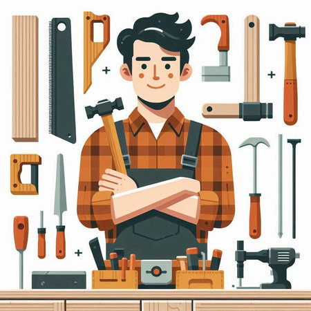 Carpenter with different tools. Vector illustration in cartoon style.のイラスト素材