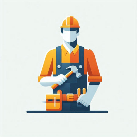 Flat design vector illustration concept of construction worker with tools in hand.のイラスト素材