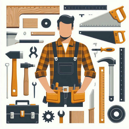 Handyman with tools. Vector illustration in flat style. Set of tools.のイラスト素材