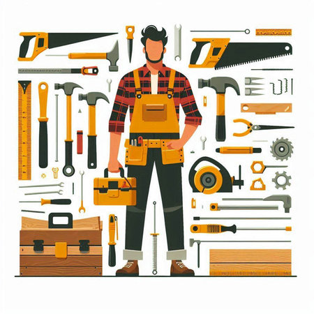 Handyman with different tools. Vector illustration in flat style.のイラスト素材