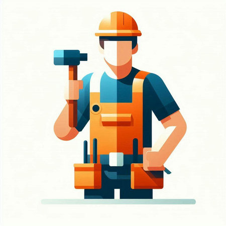 Construction worker with hammer and drill. Vector illustration in flat style.のイラスト素材