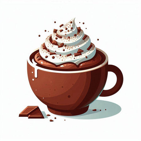 Cup of hot chocolate with whipped cream and chocolate, vector illustrationのイラスト素材