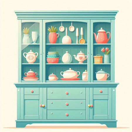 Cabinet with different dishes. Vector illustration in retro style.のイラスト素材