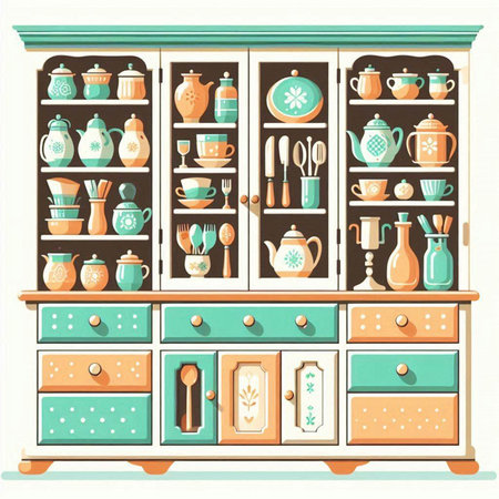 Vintage cupboard with kitchen utensils. Vector illustration.のイラスト素材