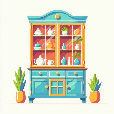 Cupboard with dishes and dishes. Vector illustration in flat styleのイラスト素材