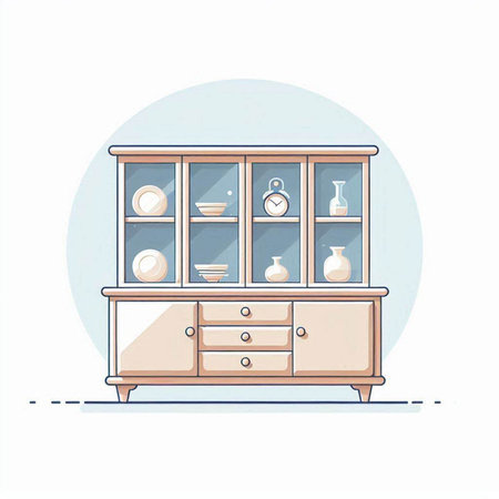 Cabinet with dishes and cups. Vector illustration in flat styleのイラスト素材