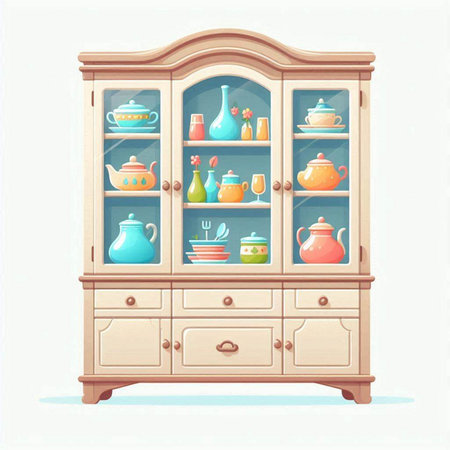 Cabinet with dishes and teapot. Vector illustration.のイラスト素材