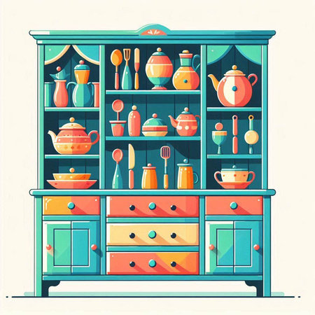 Kitchen cabinet with utensils. Vector illustration in flat styleのイラスト素材