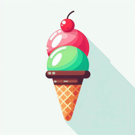 Ice cream cone with cherry. Vector illustration in flat design style.のイラスト素材