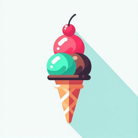 Ice cream in waffle cone flat icon with long shadow. Vector illustrationのイラスト素材
