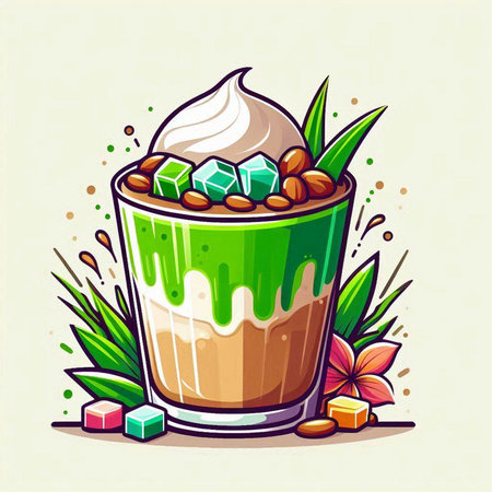 Coffee latte with ice cubes and mint. Vector illustration.のイラスト素材