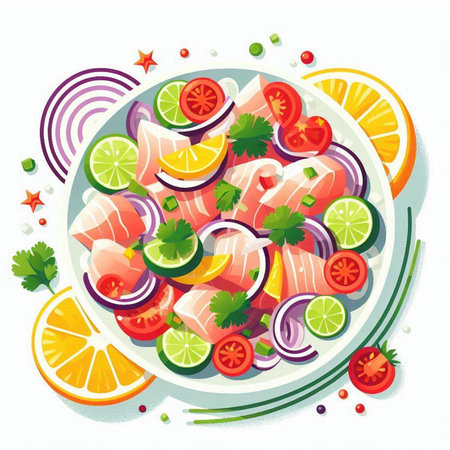 Salad with salmon, tomatoes, cucumbers and lemon slices. Vector illustration.のイラスト素材