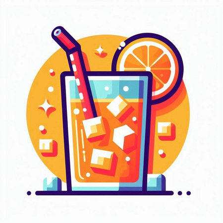 Cocktail with ice cubes and straw. Vector illustration in flat styleのイラスト素材