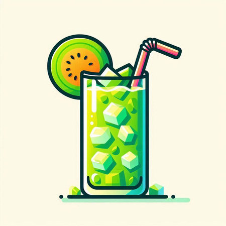 Cocktail with ice cubes and straw. Vector illustration in flat styleのイラスト素材