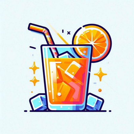 Cocktail with ice cubes, orange slice and straw. Vector illustration.のイラスト素材