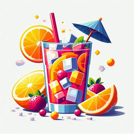 Fruit cocktail with orange, strawberry, lemon and ice cubes. Vector illustration.のイラスト素材