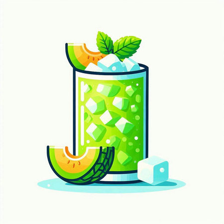 Mojito cocktail with melon and ice cubes. Vector illustrationのイラスト素材